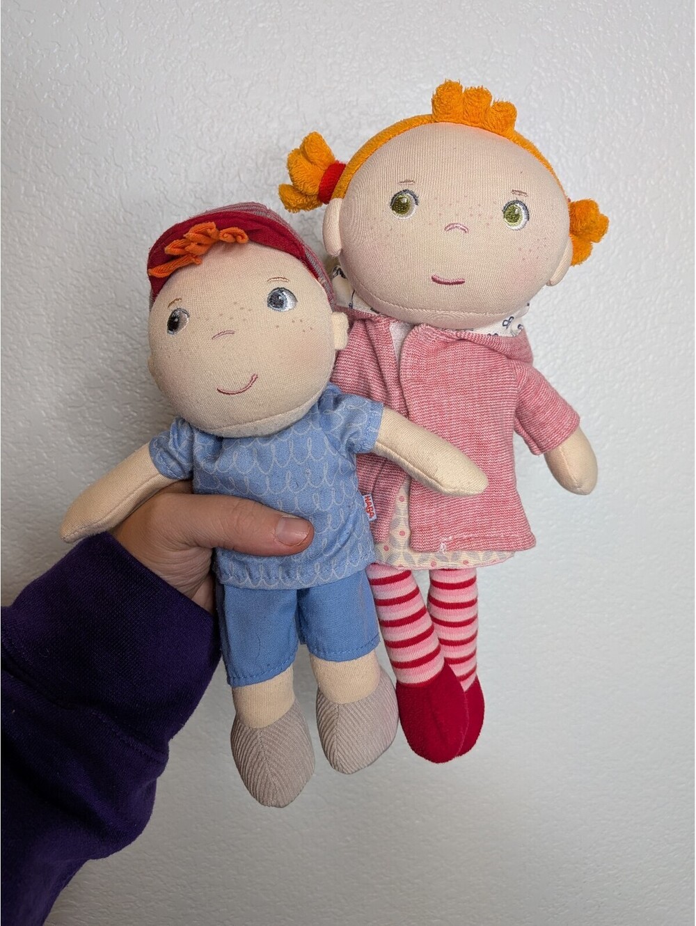 HABA Soft Doll Lot of 2 Girl & Boy Cloth Dolls Removable Outfits